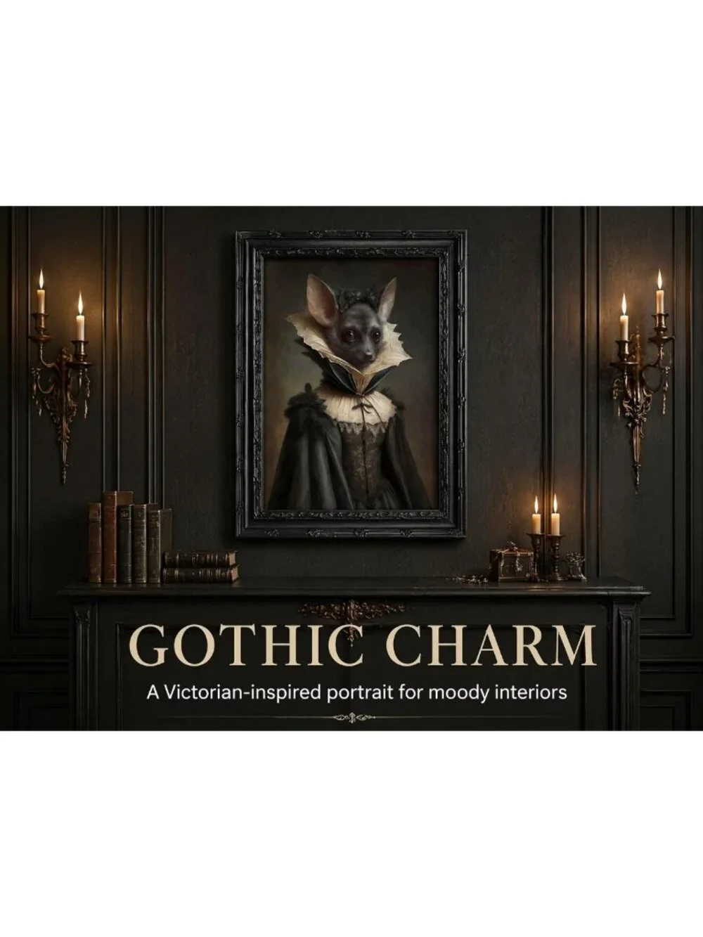 Gothic Bat Lady Canvas Wall Art | Vintage Black Framed Decor for Bedroom